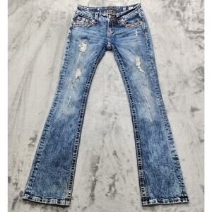 Miss Me Jeans Womens 26 Blue Signature Boot Cut Distressed Embroidered Sequins